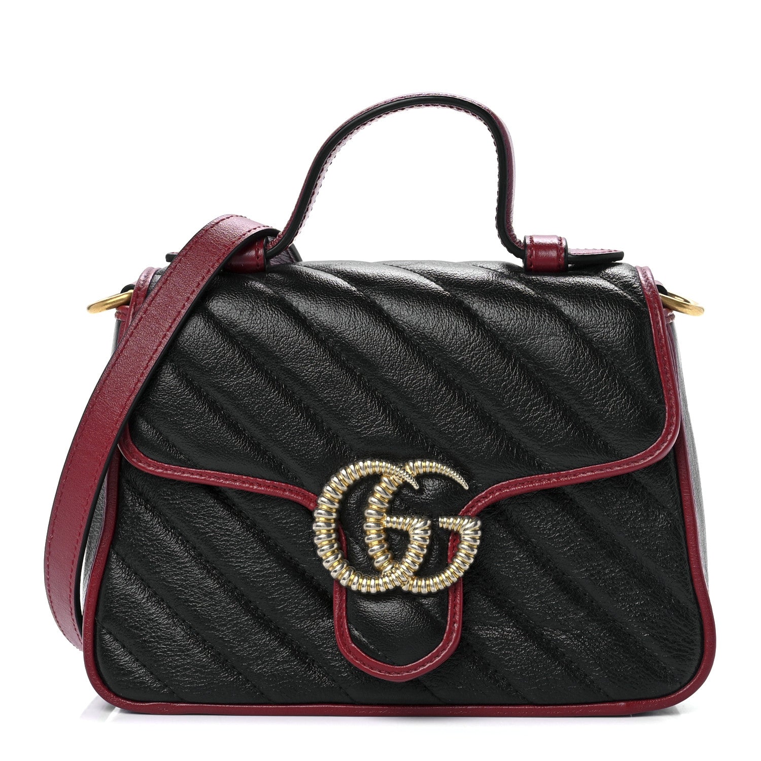 Gucci Vintage Effect Calfskin Matelasse Diagonal Mini Torchon GG Marmont Top Handle Shoulder Bag Black Romantic Cherry 1 of 12