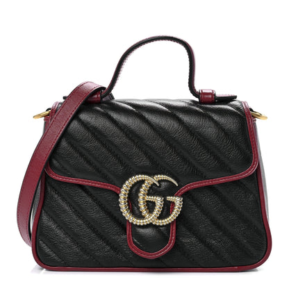 Gucci Vintage Effect Calfskin Matelasse Diagonal Mini Torchon GG Marmont Top Handle Shoulder Bag Black Romantic Cherry 1 of 12
