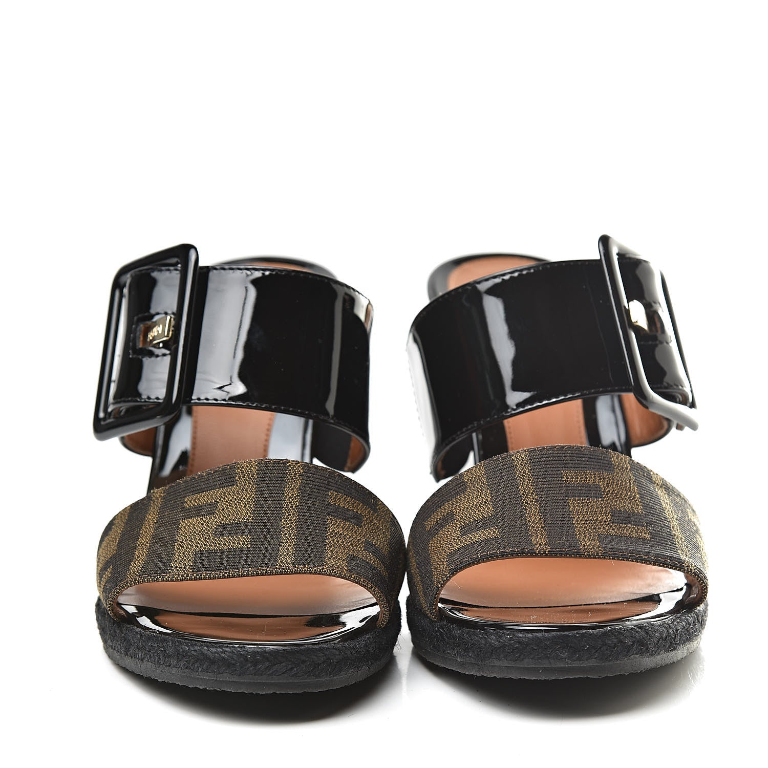 Fendi Patent Fabric FF Wedge Sandals 36 Tobacco Black 2 of 11