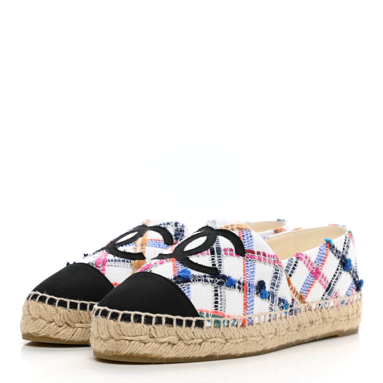 Chanel Tweed Grosgrain CC Espadrilles 37 White Blue Pink Green Black 3 of 10