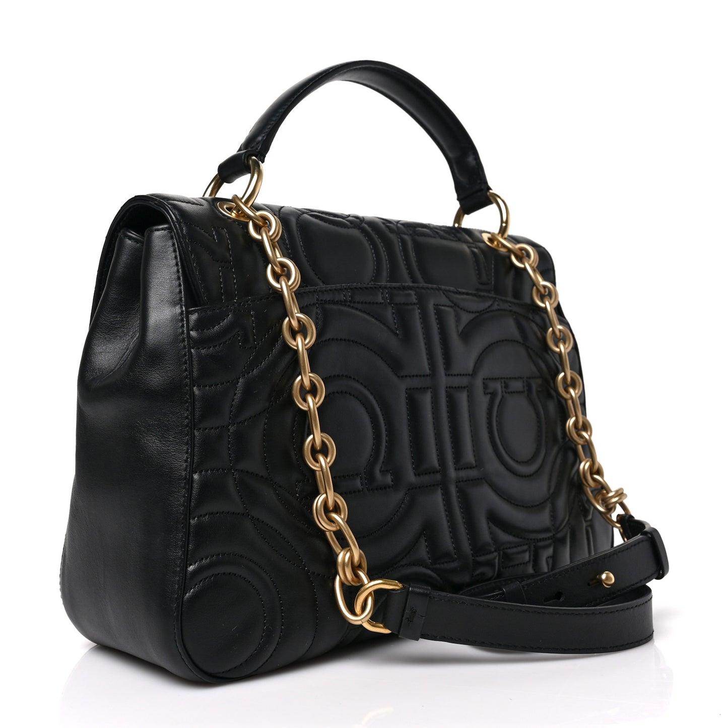 Calfskin Quilted Gancini Top Handle Flap Bag Black