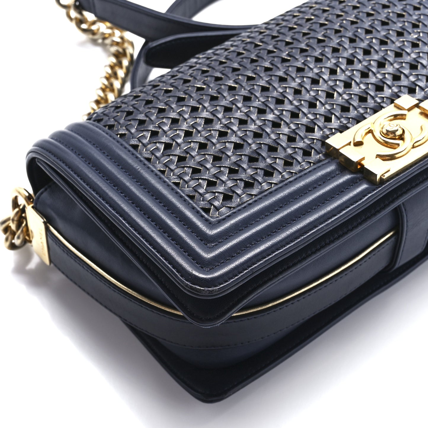 Lambskin Braided Woven Medium Boy Flap Navy Black