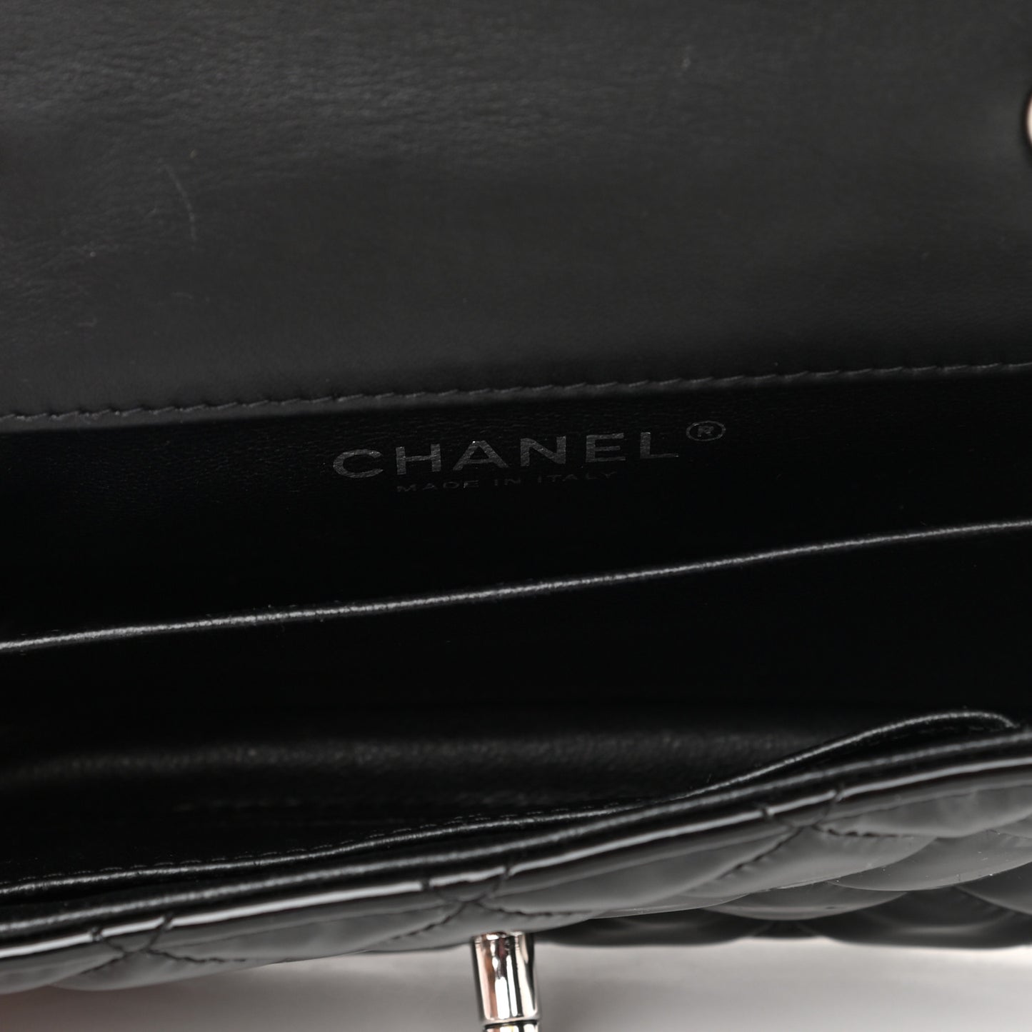 Patent Calfskin Quilted Extra Mini Rectangular Flap Black
