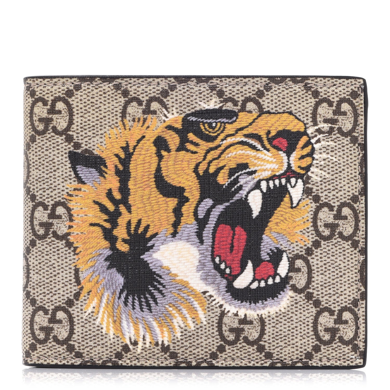 Gucci GG Supreme Monogram Selleria Calfskin Tiger Nice Bi-Fold Wallet Beige Ebony Multicolor Black 1 of 8
