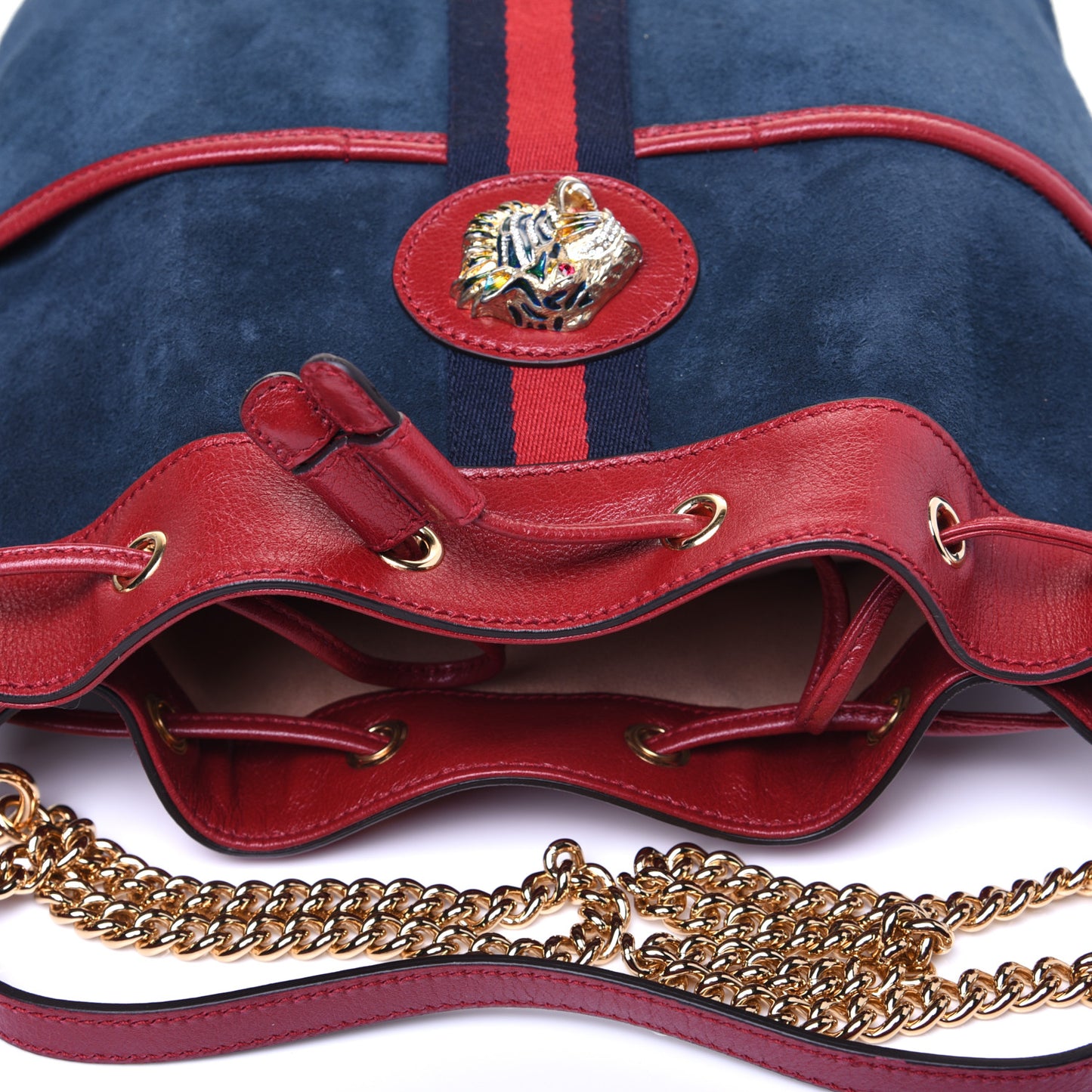 Suede Calfskin Web Medium Rajah Bucket Bag New Blue Romantic Cherry