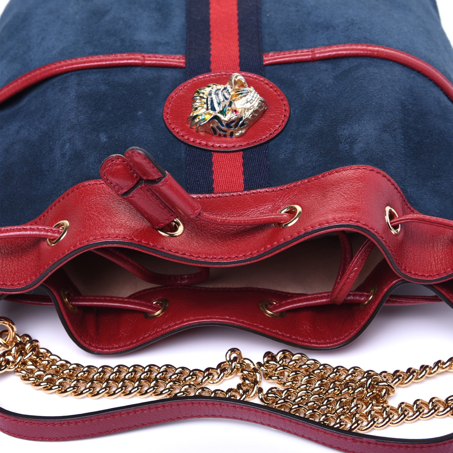 Gucci Suede Calfskin Web Medium Rajah Bucket Bag New Blue Romantic Cherry 13 of 13