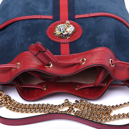 Gucci Suede Calfskin Web Medium Rajah Bucket Bag New Blue Romantic Cherry 13 of 13