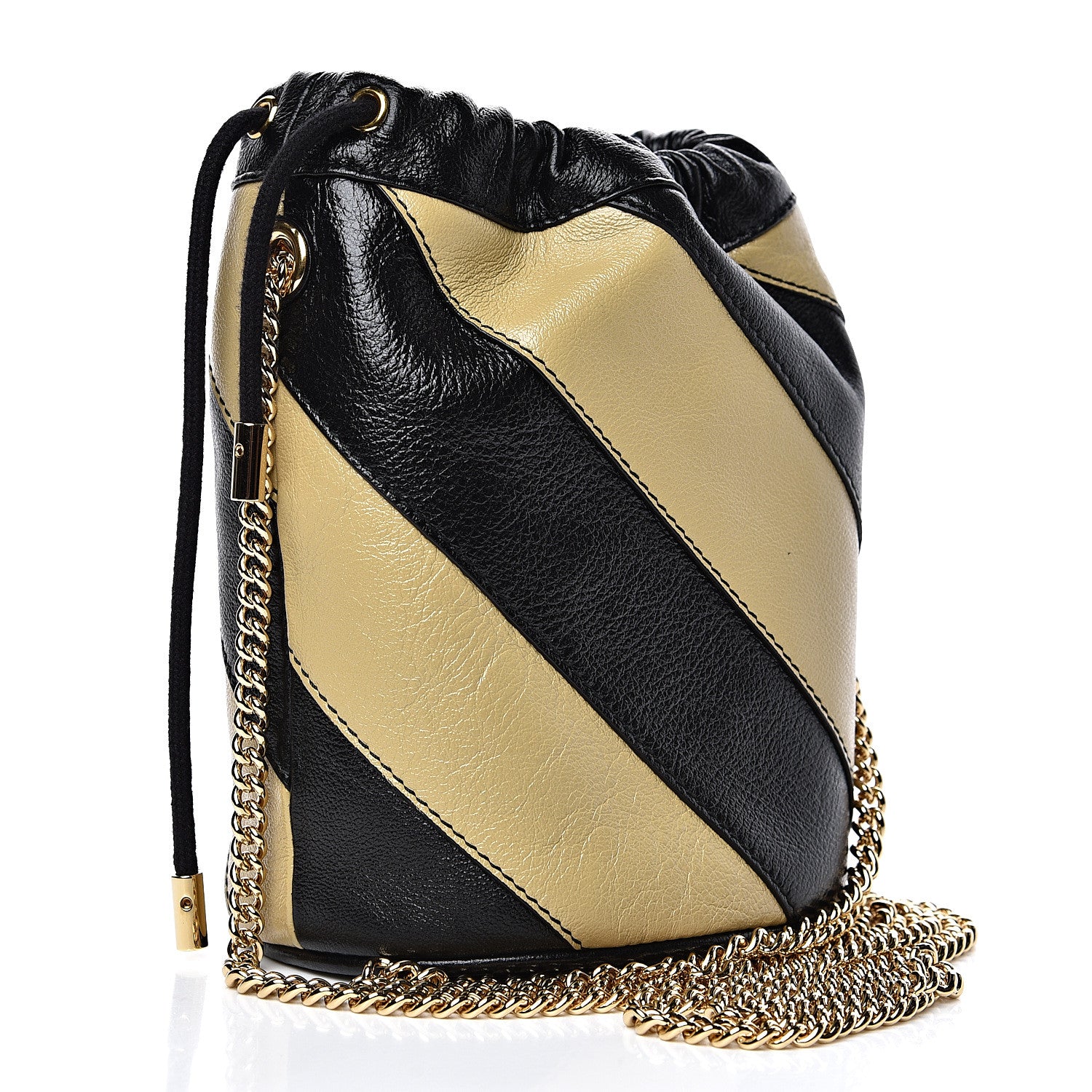 Gucci Calfskin Diagonal Striped Mini Zumi Bucket Bag Black Beige 2 of 8