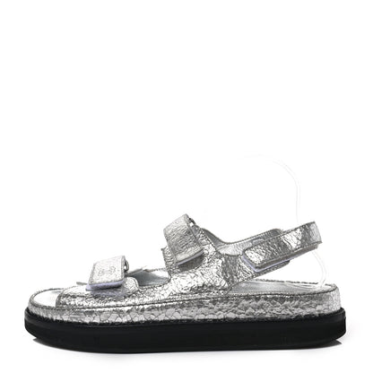 Chanel Metallic Crackled Calfskin Velcro Dad Sandals 40.5 Silver 1 of 6