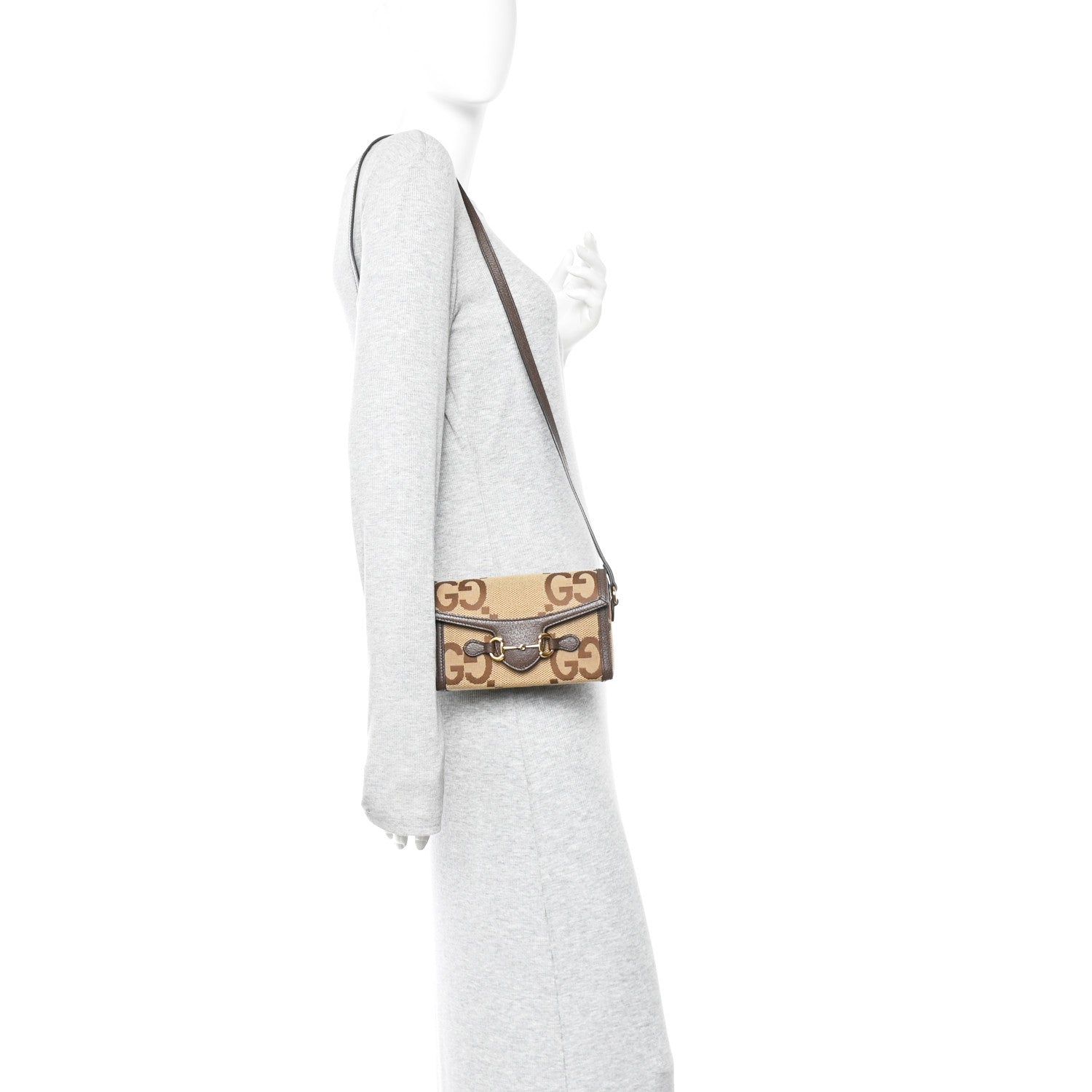 Gucci Monogram Jumbo GG Textured Dollar Calfskin Mini Horsebit 1955 Shoulder Bag Camel Ebony New Acero 2 of 13