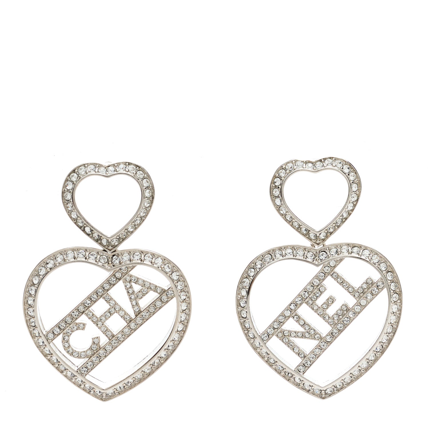 Chanel Crystal Metal CC Heart Drop Earrings Silver 1 of 4