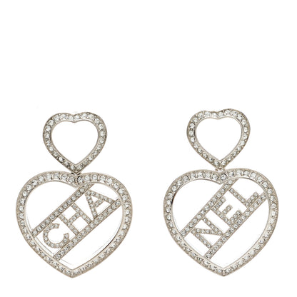 Chanel Crystal Metal CC Heart Drop Earrings Silver 1 of 4