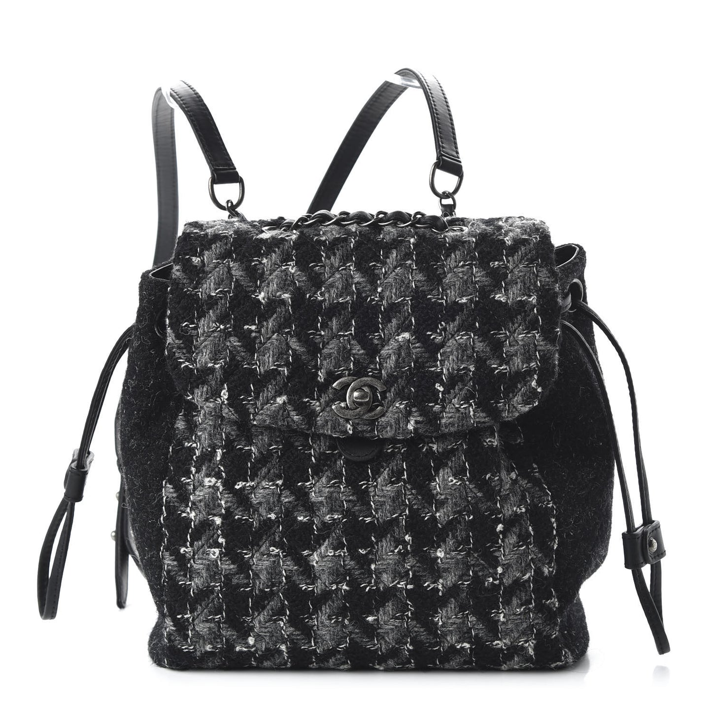 Tweed Drawstring Backpack Black Grey White