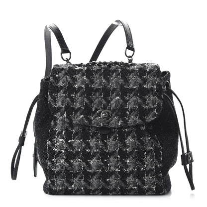 Chanel Tweed Drawstring Backpack Black Grey White 1 of 9