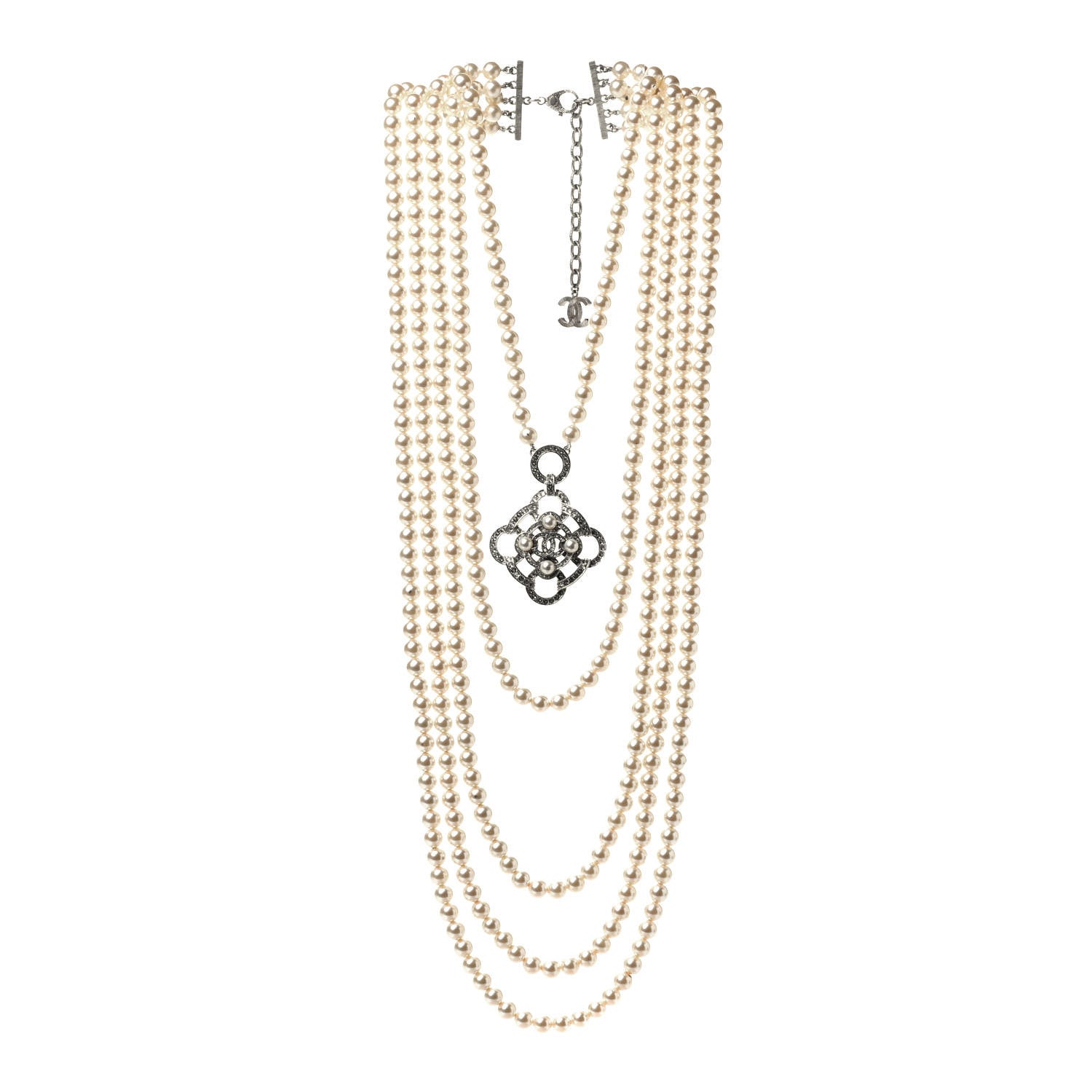 Chanel Pearl Crystal CC Multi Strand Necklace Silver 2 of 5