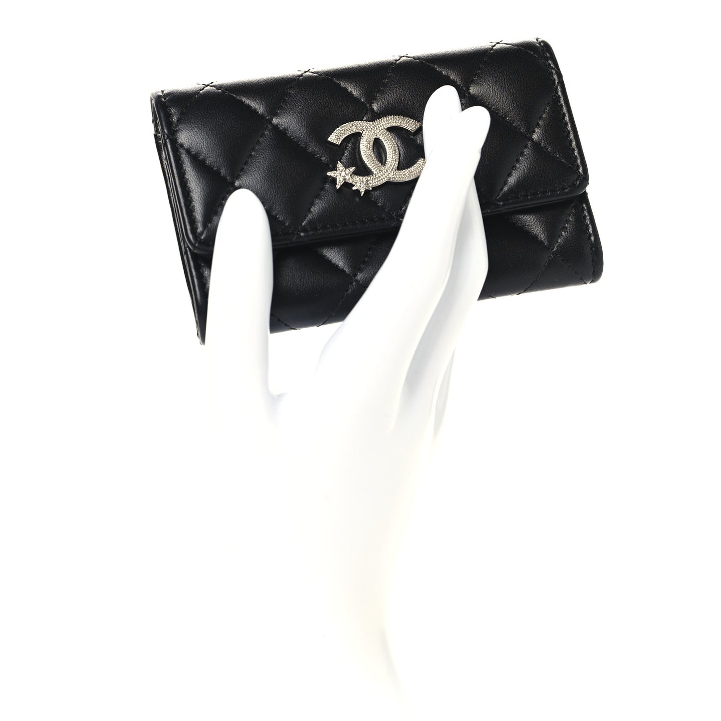 Lambskin Quilted Flap Crystal Star Card Holder Wallet Black