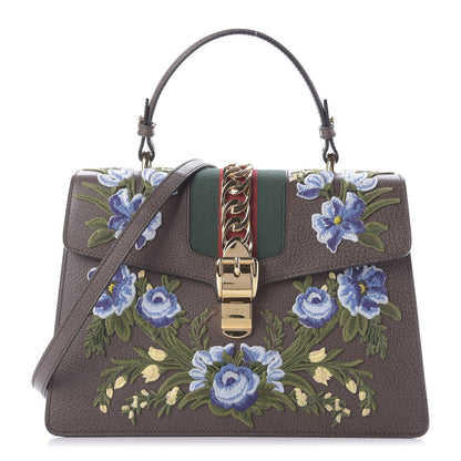 Gucci Calfskin Embroidered Medium Sylvie Top Handle Bag New Acero Multicolor 1 of 10
