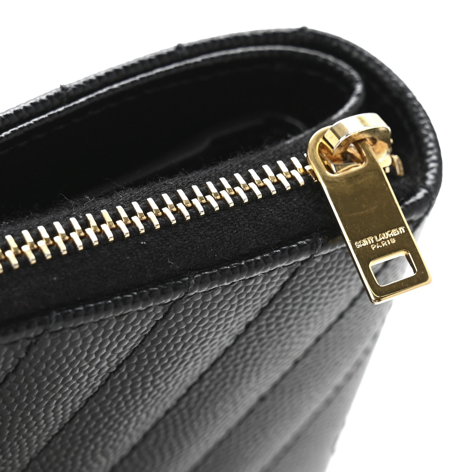 Saint Laurent Grain De Poudre Matelasse Chevron Monogram Compact Zip Around Wallet Black 9 of 9
