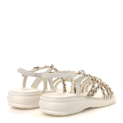 Chanel Lambskin Metal Chain Ankle Strap Sandals 39 White 5 of 12