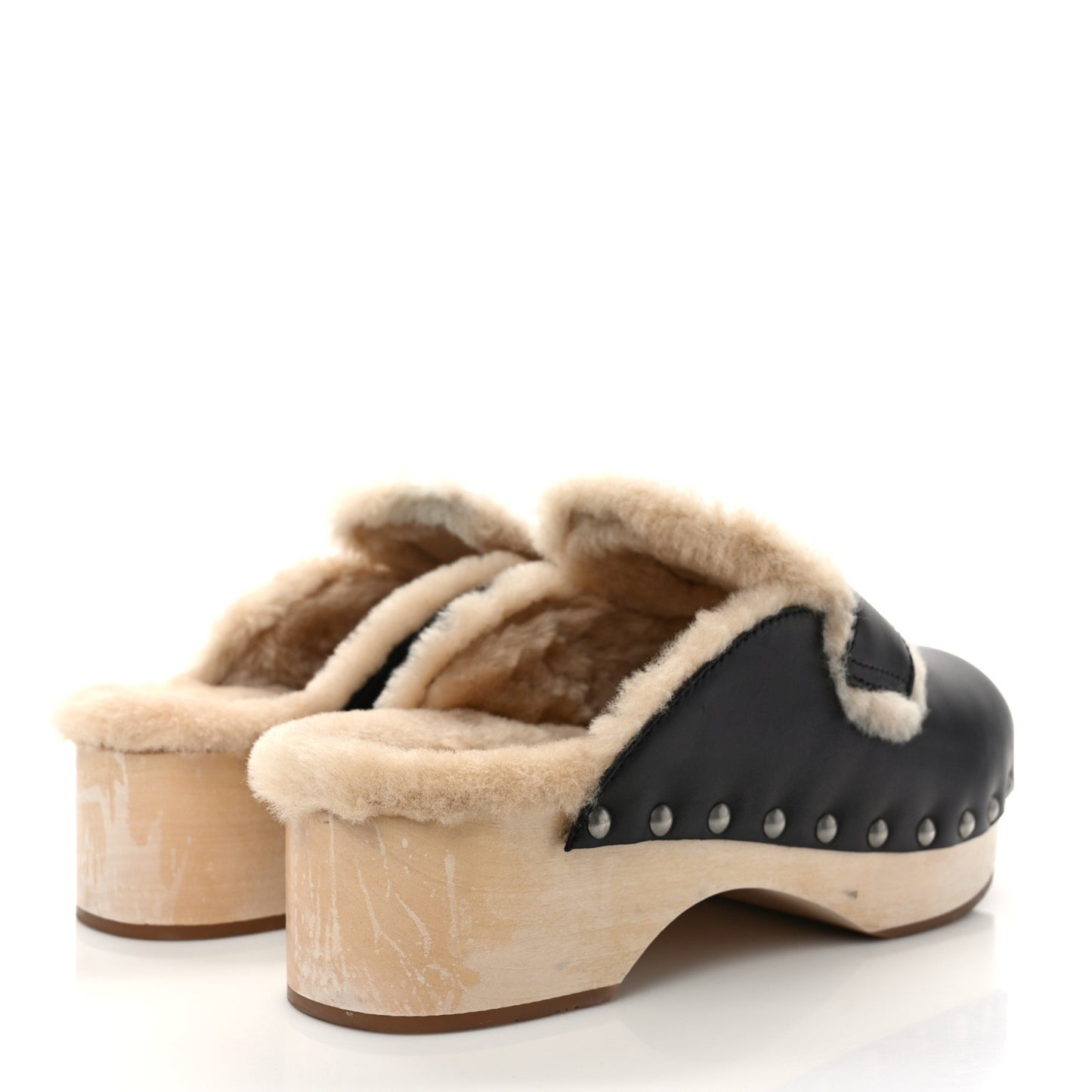 Natural Calfskin Shearling Metal Triangle Logo 45mm Clogs 40 Black Sabbia