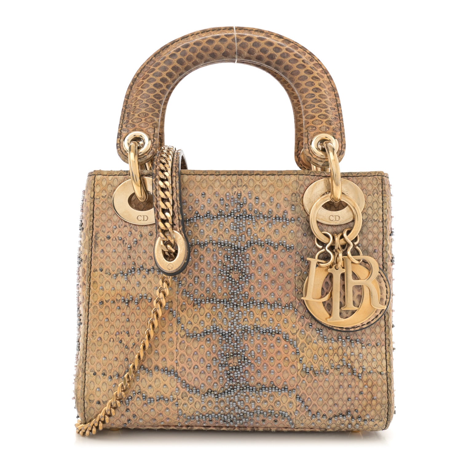 Christian Dior Snakeskin Beaded Mini Lady Dior Beige Multicolor 1 of 10