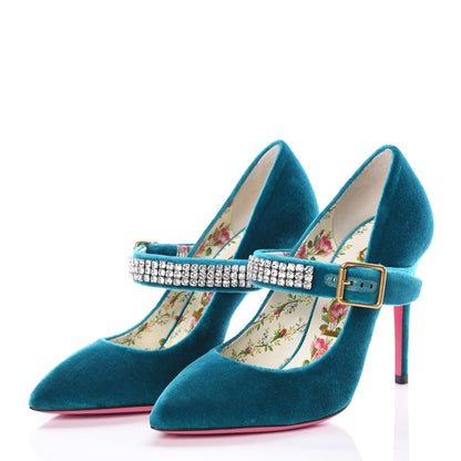 Gucci Softy Velvet Malaga Kid Pumps 37.5 Pavone Cyan 3 of 8