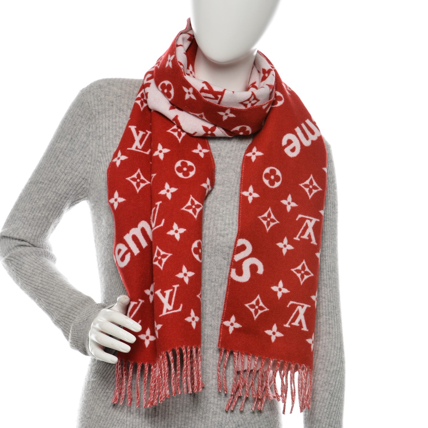 Louis Vuitton X SUPREME Cashmere Wool Monogram Scarf Red 2 of 4