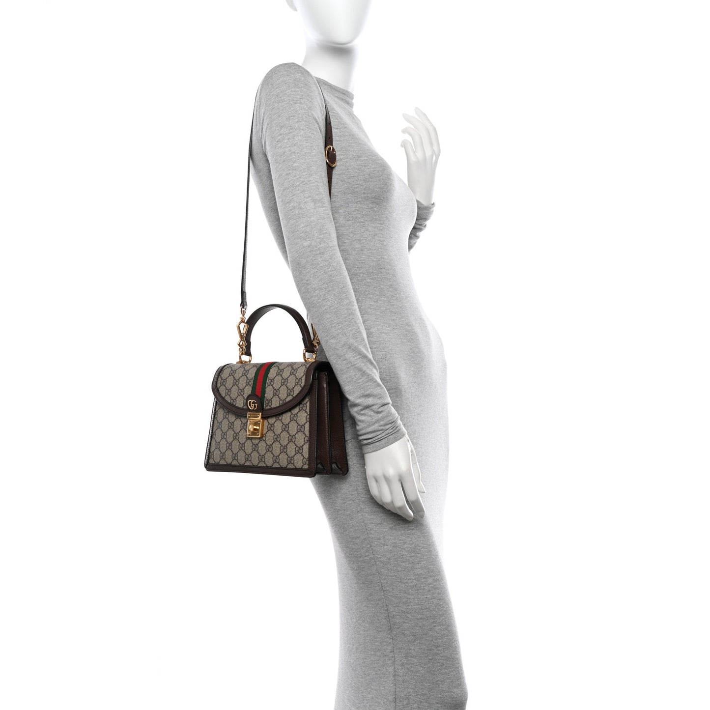 GG Supreme Monogram Textured Dollar Calfskin Web Small Ophidia Padlock Top Handle Bag Beige Ebony New Acero