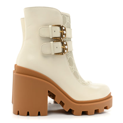 Gucci Kensington Calfskin Nappa GG Supreme Monogram Womens Double Buckle Ankle Boots 35 Mystic White Beige 4 of 10