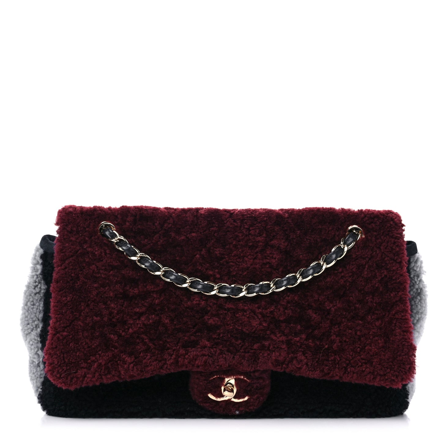 Shearling Sheepskin Quilted Tri-Color Flap Burgundy Black Grey
