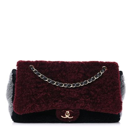 Chanel Shearling Sheepskin Quilted Tri-Color Flap Burgundy Black Grey 1 of 13