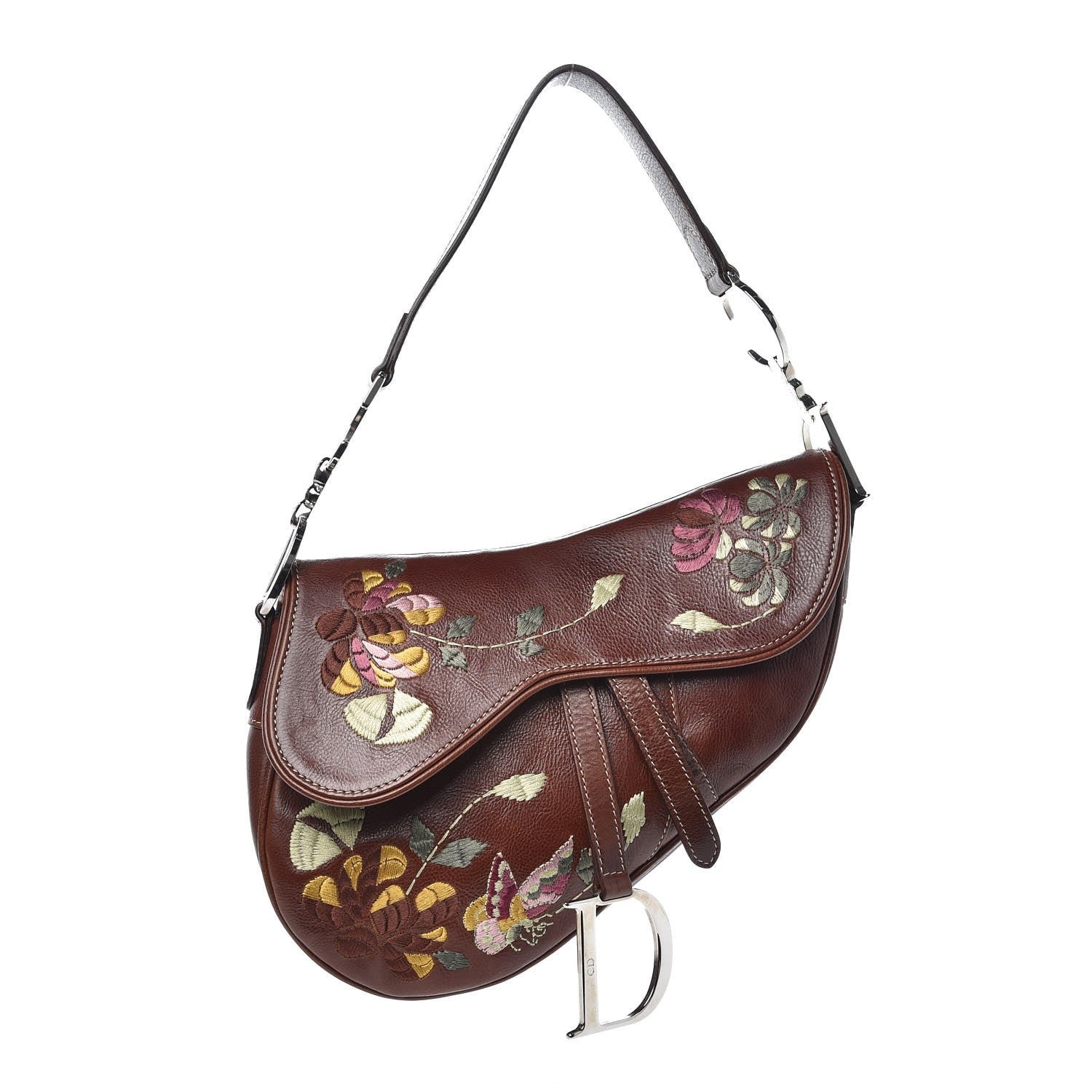 Christian Dior Calfskin Embroidered Romantic Flowers Saddle Bag Brown 1 of 9