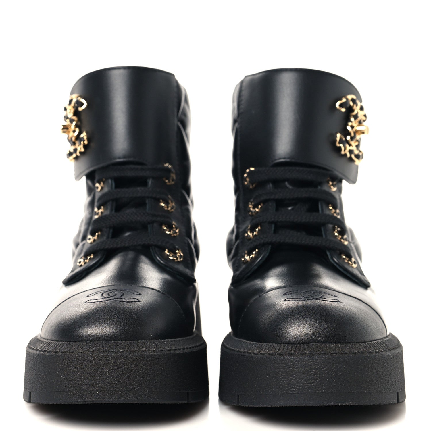 Chanel Lambskin Calfskin Quilted Lace Up Combat Boots 36.5 Black 3 of 9
