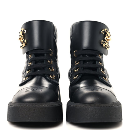 Chanel Lambskin Calfskin Quilted Lace Up Combat Boots 36.5 Black 3 of 9