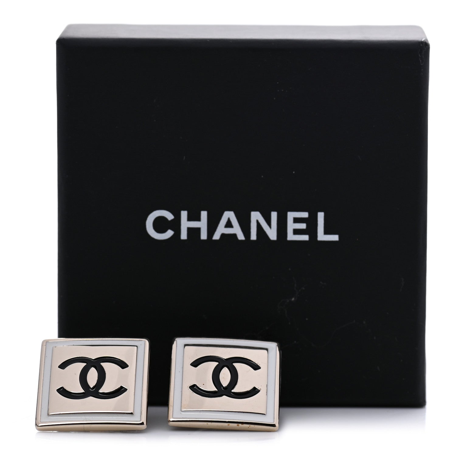 Chanel Metal Enamel CC Square Earrings Gold Black White 5 of 5