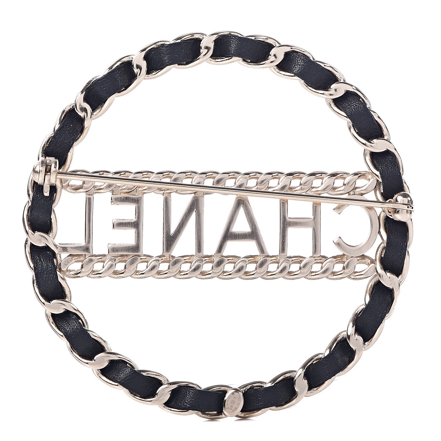 Lambskin Chain Logo Brooch Black Gold
