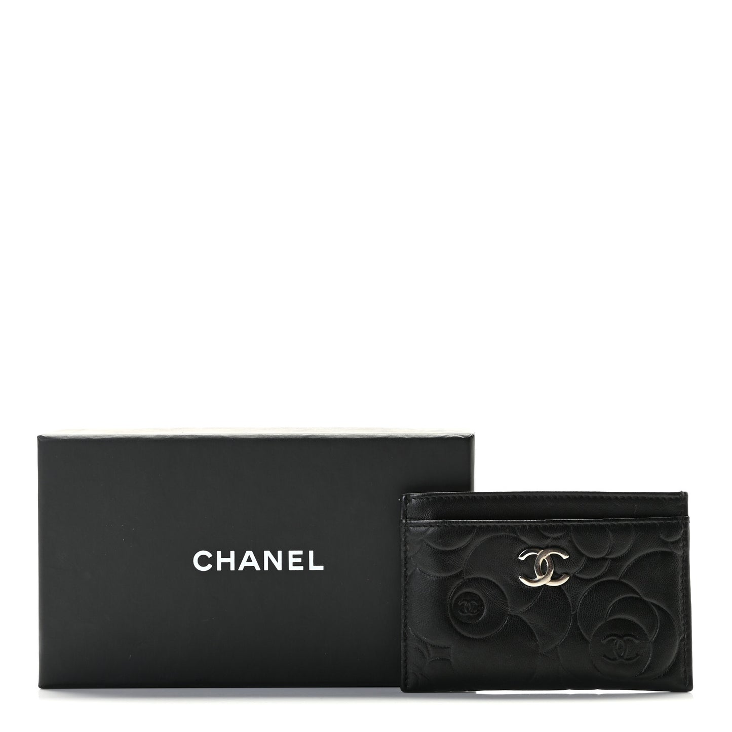 Lambskin Camellia Stitched Card Holder Black