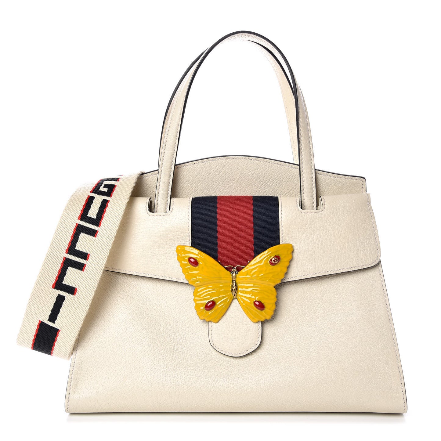Grained Calfskin Web Stripe Butterfly Medium Totem Top Handle Bag White