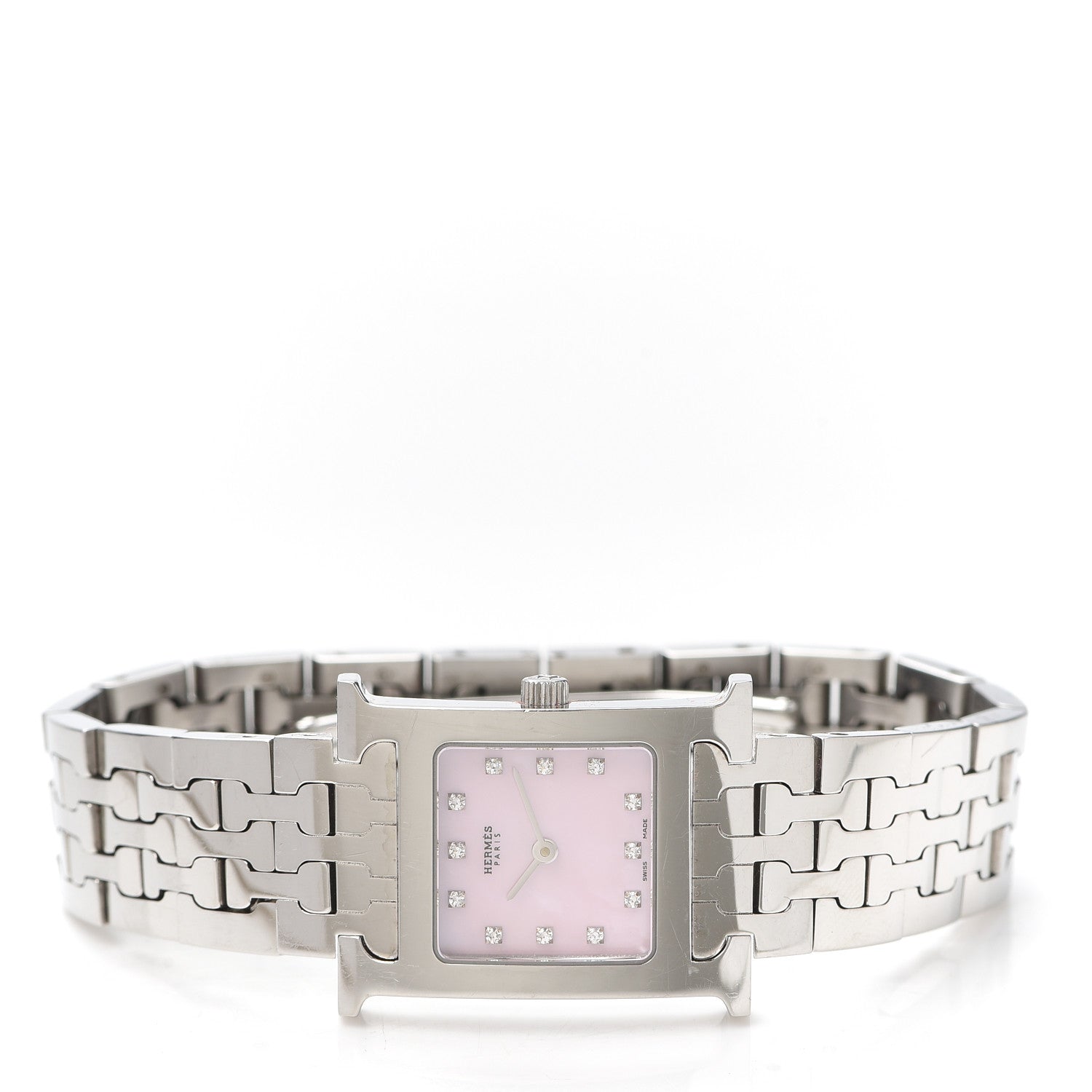 Hermes Stainless Steel Diamond Pink Mother of Pearl 21mm Heure H Hour Quartz Watch 2 of 6