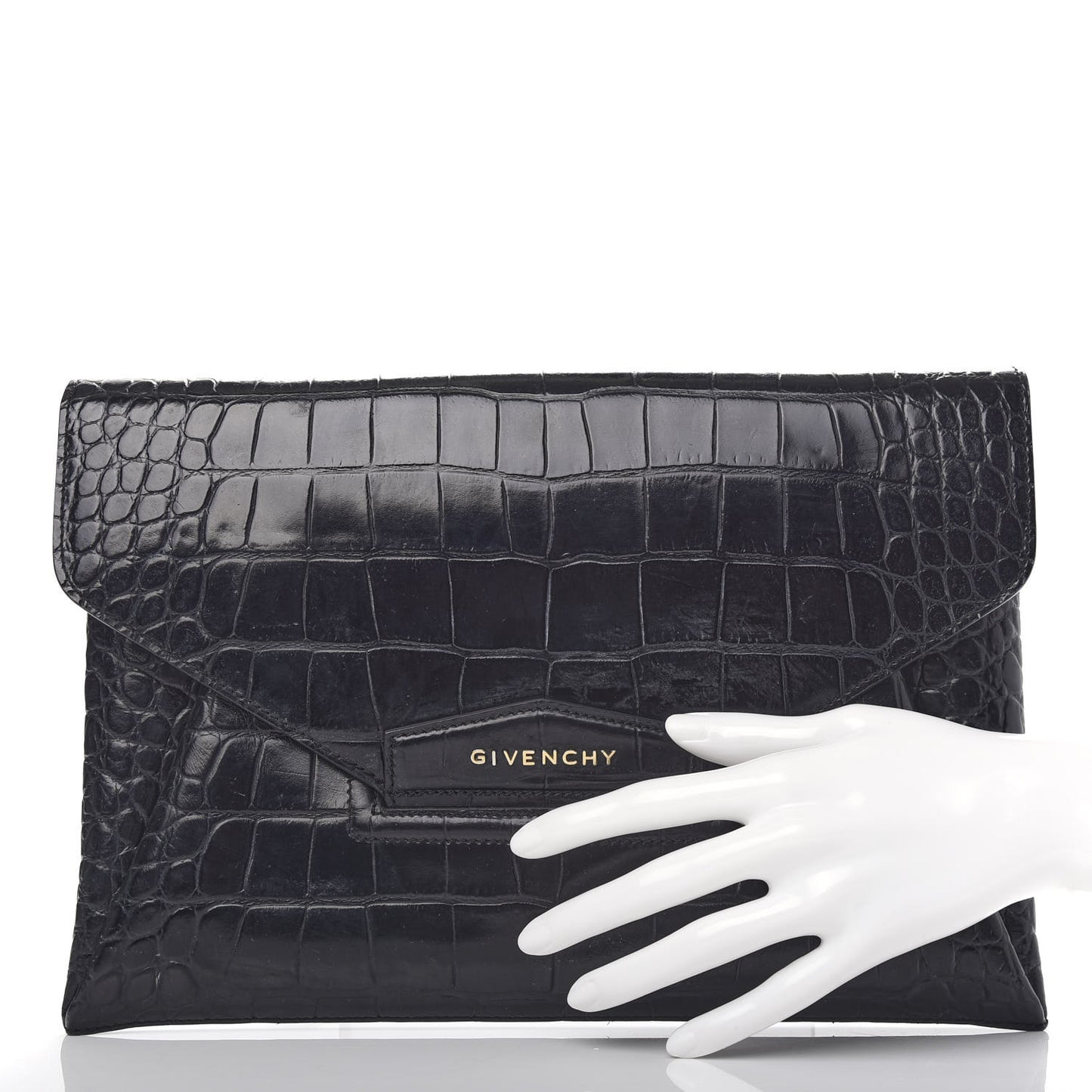 Calfskin Crocodile Embossed Medium Antigona Envelope Clutch Black