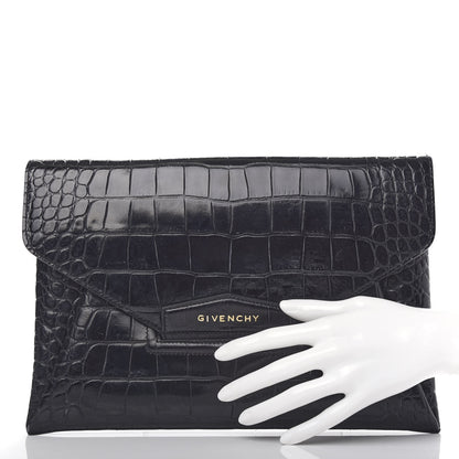 Givenchy Calfskin Crocodile Embossed Medium Antigona Envelope Clutch Black 2 of 10