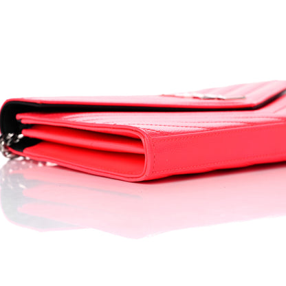 Saint Laurent Patent Grain De Poudre Matelasse Chevron Monogram Chain Wallet Neon Pink 7 of 13