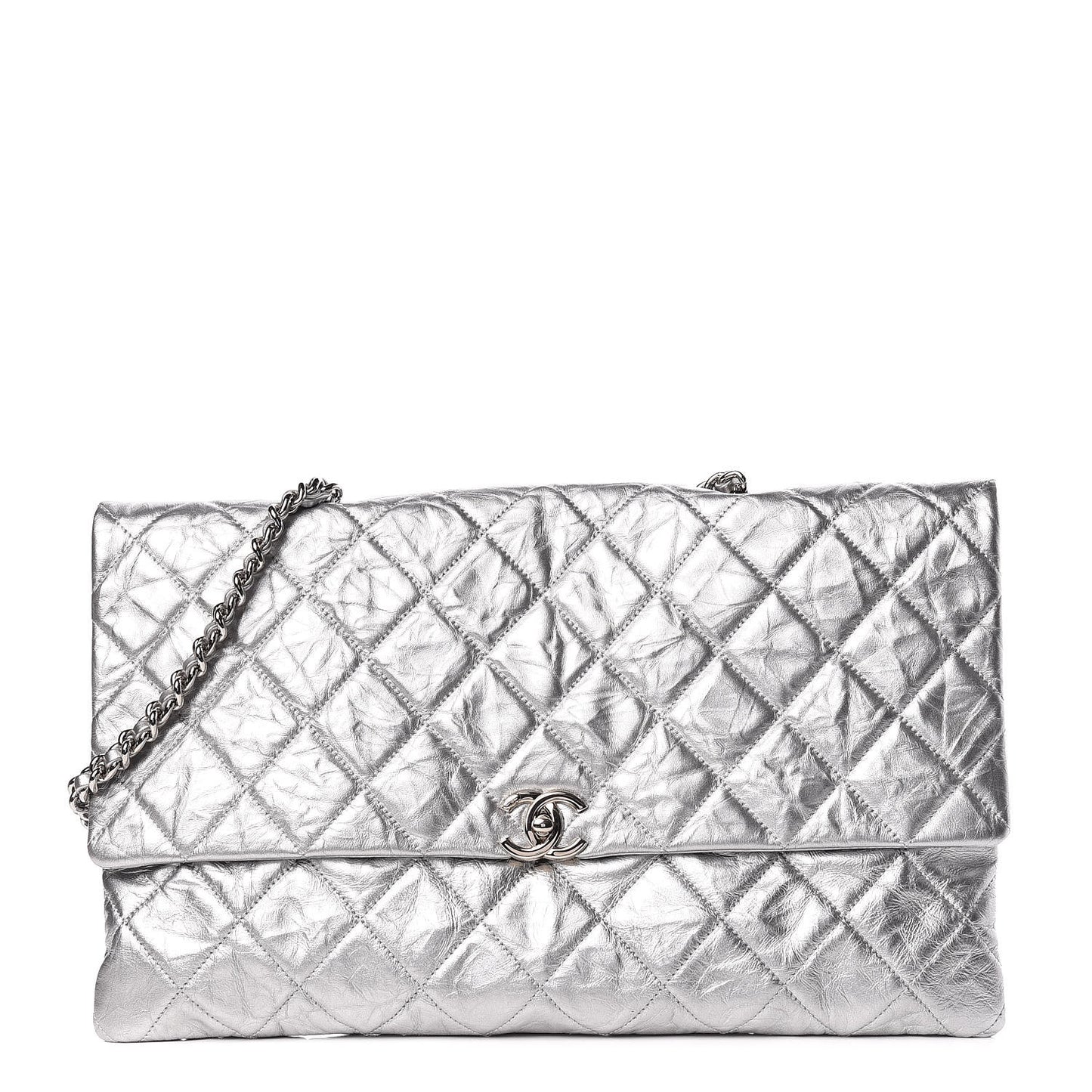 Metallic Crumpled Calfskin Big Bang Large Flap Bag Silver