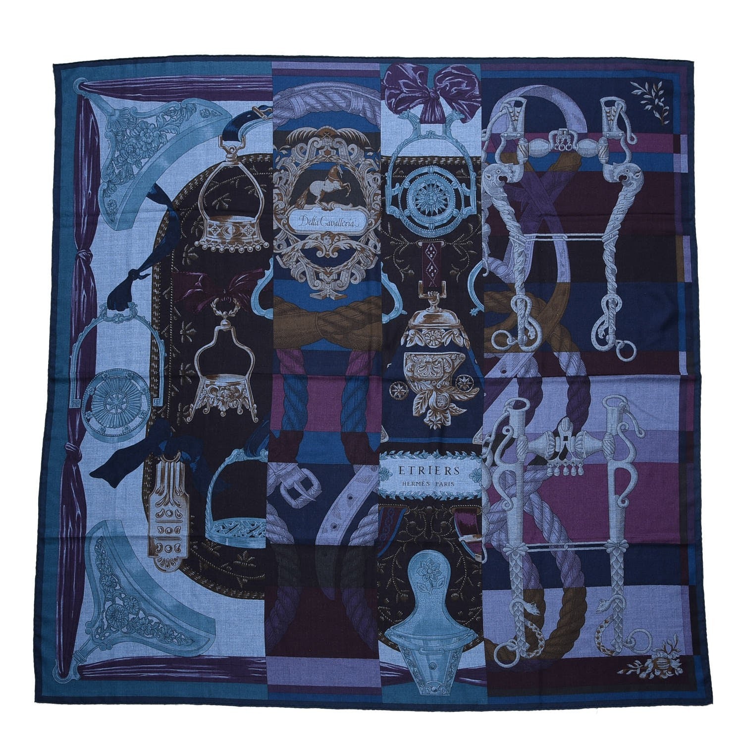 Hermes Cashmere Silk Cavalleria D'Etriers Shawl 140 Bleu Violet Parme 1 of 6
