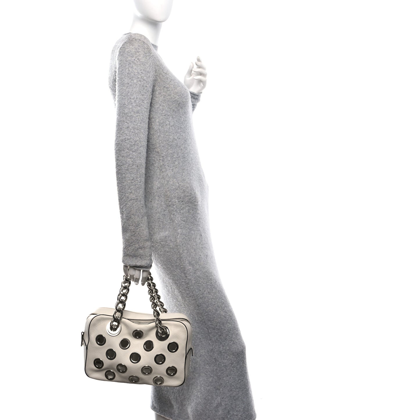 Vitello Daino Grommet Chain Satchel Bag White
