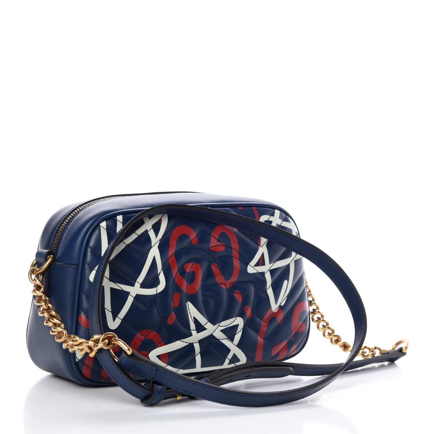 Gucci Calfskin Matelasse GucciGhost Small GG Marmont Chain Shoulder Bag Blue Agata Hibiscus Red 3 of 11