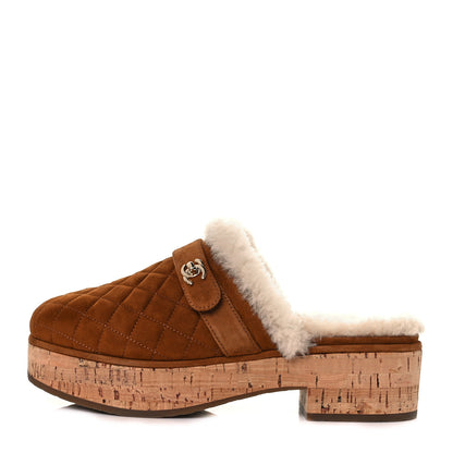 Chanel Suede Calfskin Shearling Turn Lock Clogs 40 Brown 1 of 9