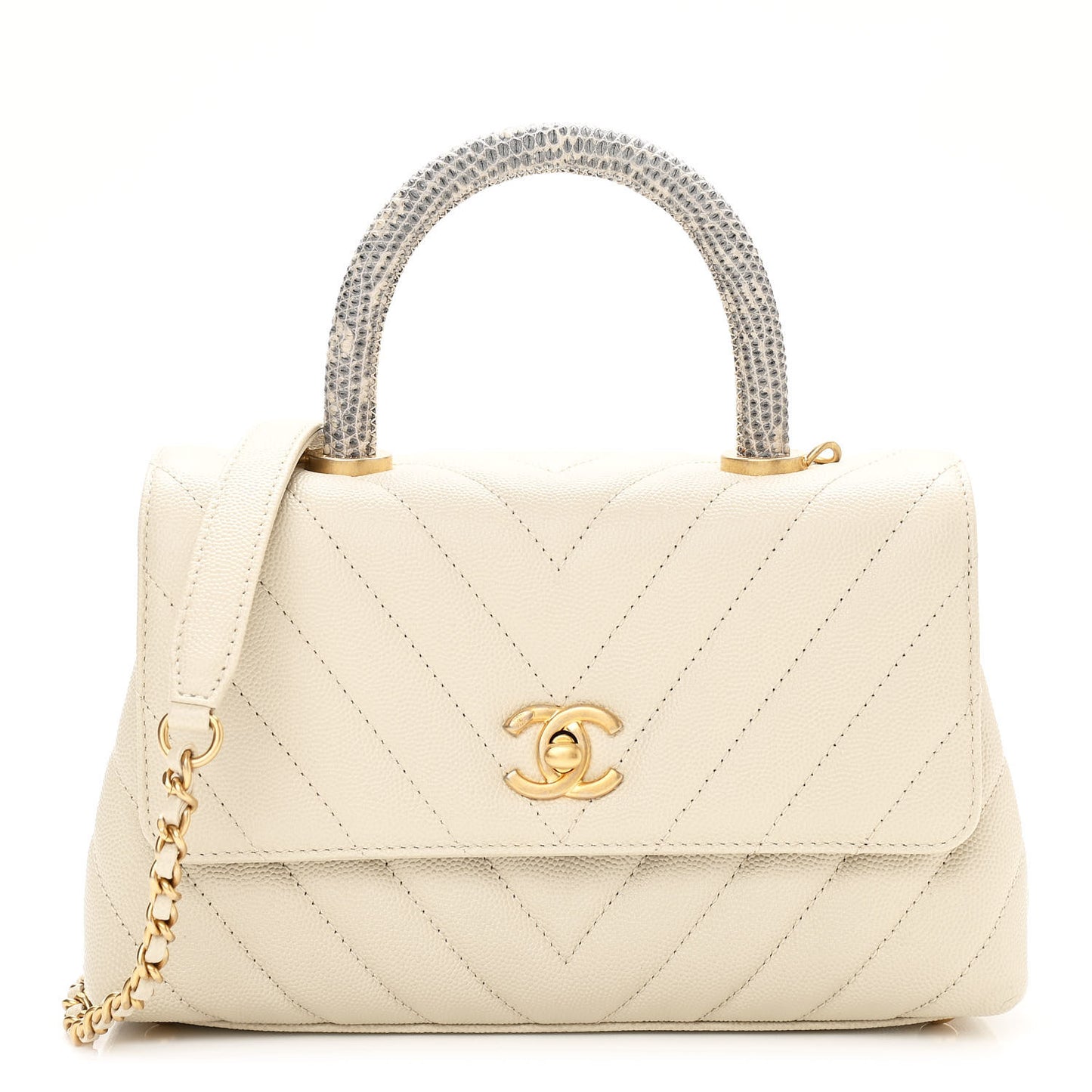 Caviar Lizard Chevron Quilted Mini Coco Handle Flap Ivory