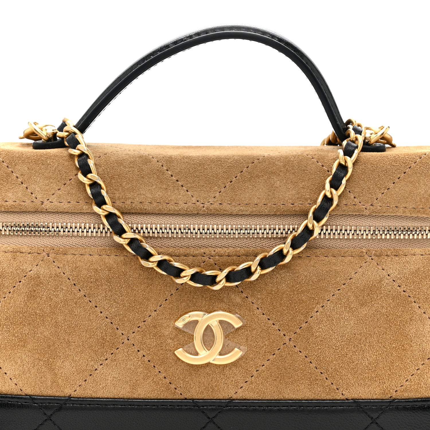 Chanel Suede Calfskin Shiny Lambskin Quilted Top Handle Slim Vanity Case With Chain Beige Black 8 of 11