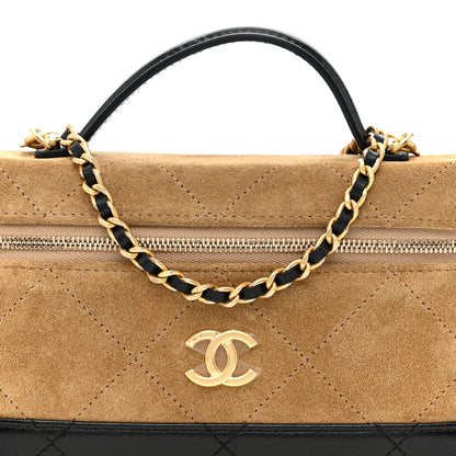 Chanel Suede Calfskin Shiny Lambskin Quilted Top Handle Slim Vanity Case With Chain Beige Black 8 of 11